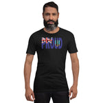 Montserrat Flag designed to spell Proud on a black color t-shirt worn by a black man.