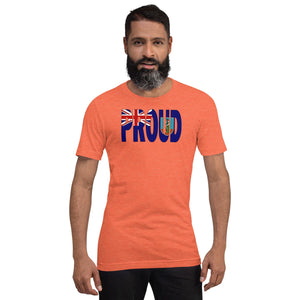 Montserrat Flag designed to spell Proud on a orange color t-shirt worn by a black man.