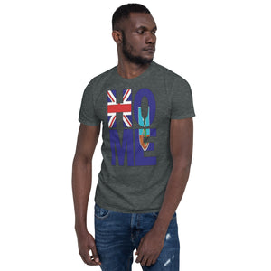 Montserrat flag spelling HOME on black men wearing dark heather color shirt