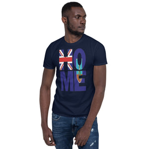  Montserrat flag spelling HOME on black men wearing navy color shirt