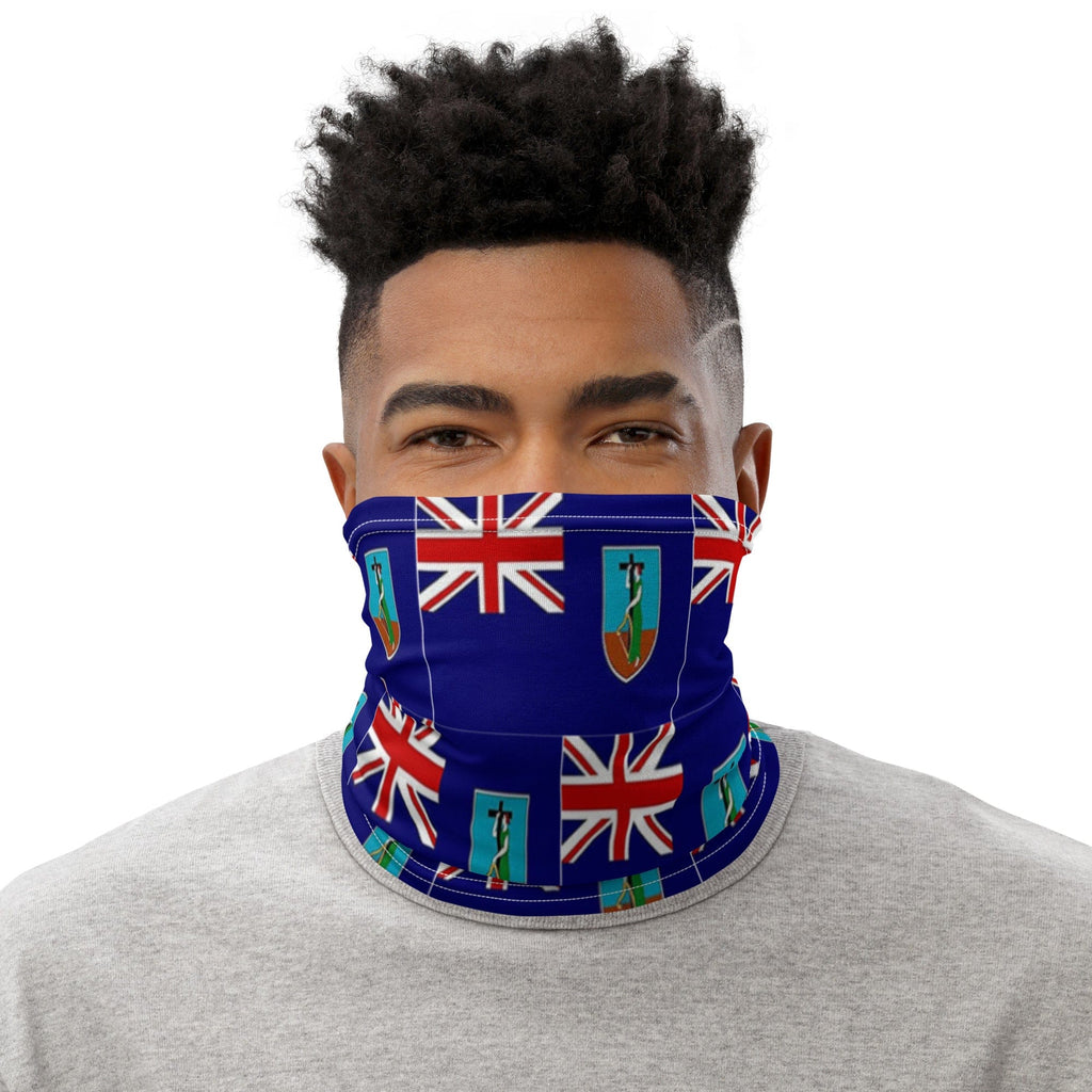 Black Man Wearing Montserrat Flag Face Mask Headband, Bandana Wristband Combination