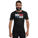 Panama Flag designed to spell Proud on a black color t-shirt worn by a black man.