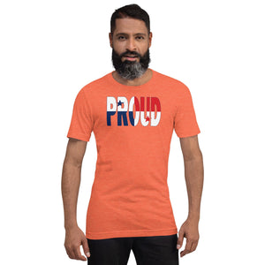 Panama Flag designed to spell Proud on a orange color t-shirt worn by a black man.