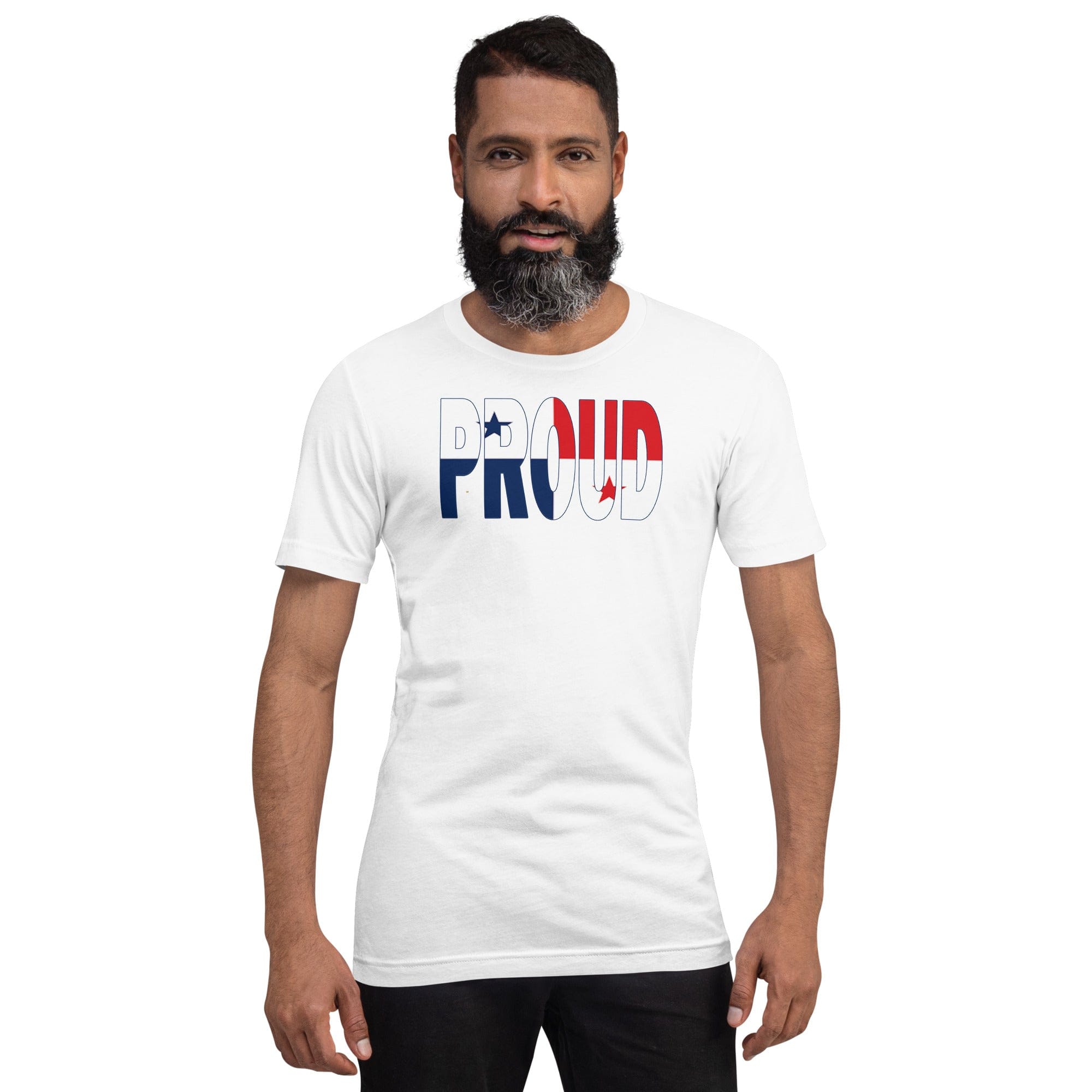 Panama Flag designed to spell Proud on a white color t-shirt worn by a black man.