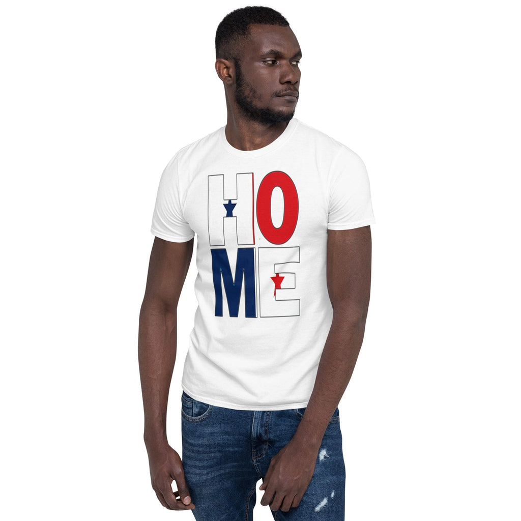 Panama flag spelling HOME on black men wearing white color shirt