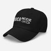 Black classic dad hat with Soca Mode Embroidery in white.