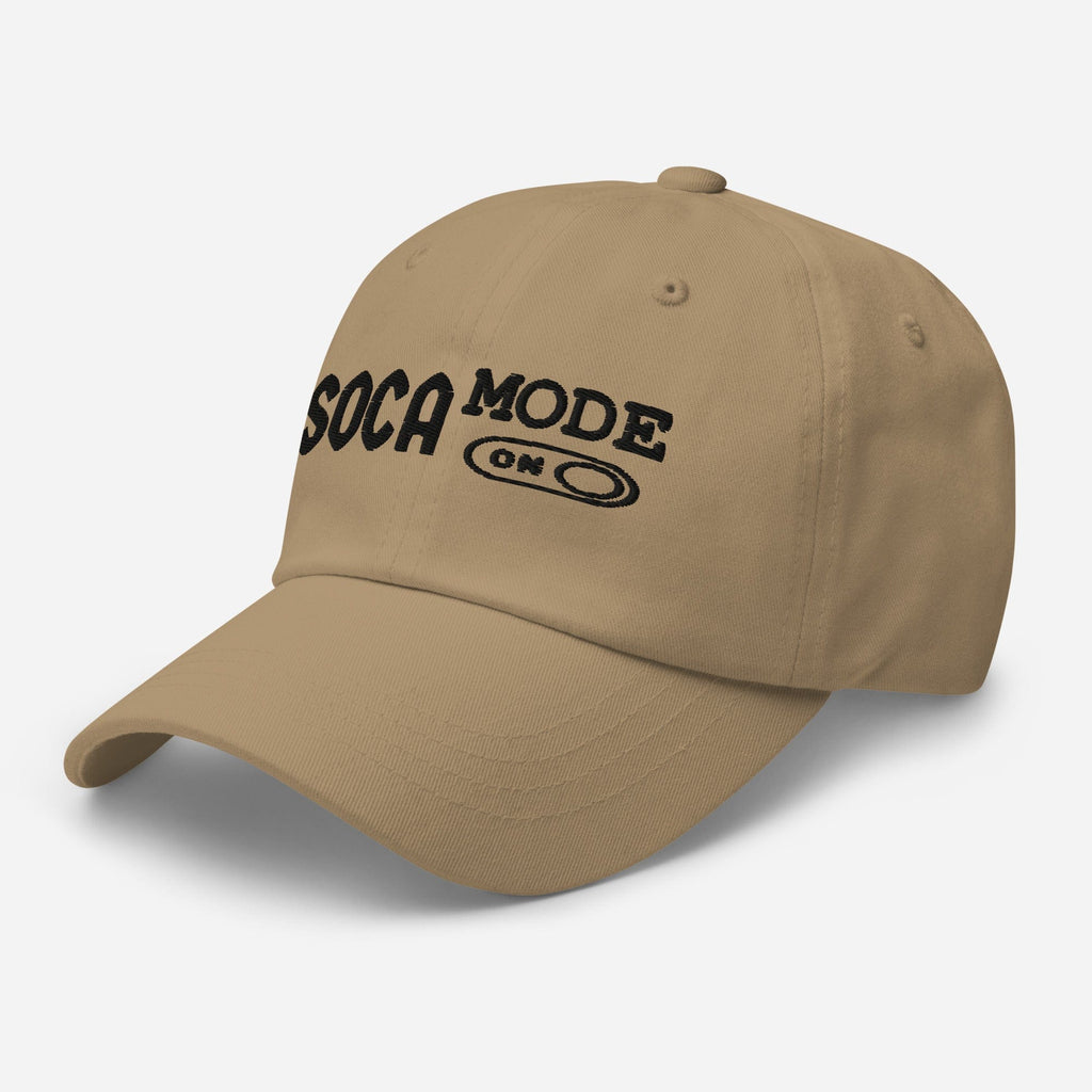 Khaiki classic dad hat with Soca Mode Embroidery in black.
