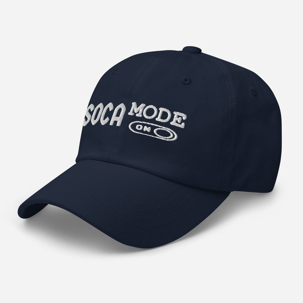 Navy classic dad hat with Soca Mode Embroidery in white.