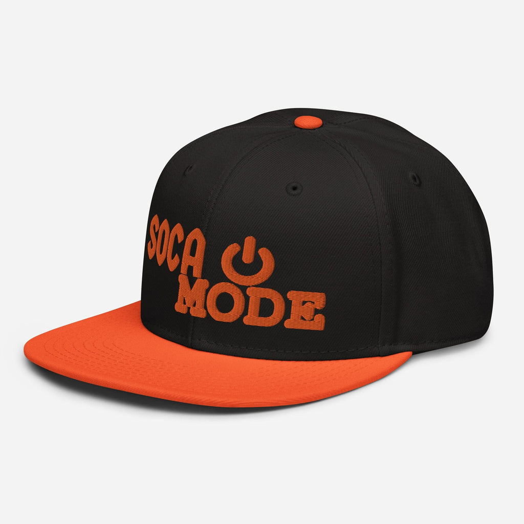 Soca Mode embroidered in orange on orange and black color snapback Hat.