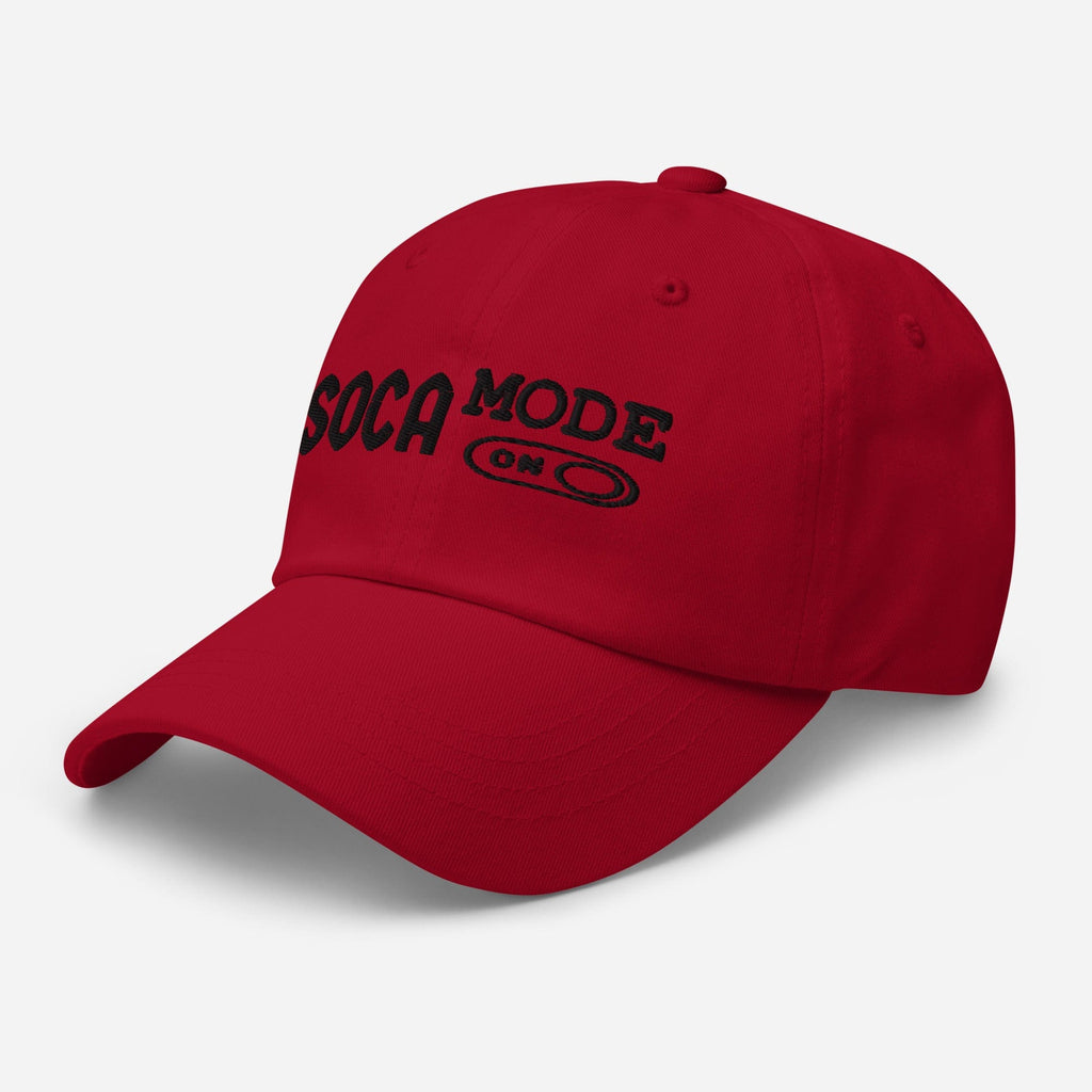 Red classic dad hat with Soca Mode Embroidery in black.