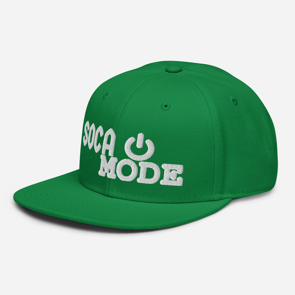 Soca Mode embroidered in white on Bright green color snapback Hat.