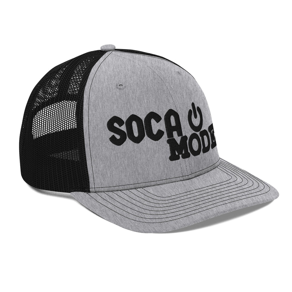 Soca Mode embroidered in black on grey and black trucker Hat.