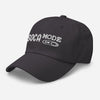  Dark grey classic dad hat with Soca Mode Embroidery in white.