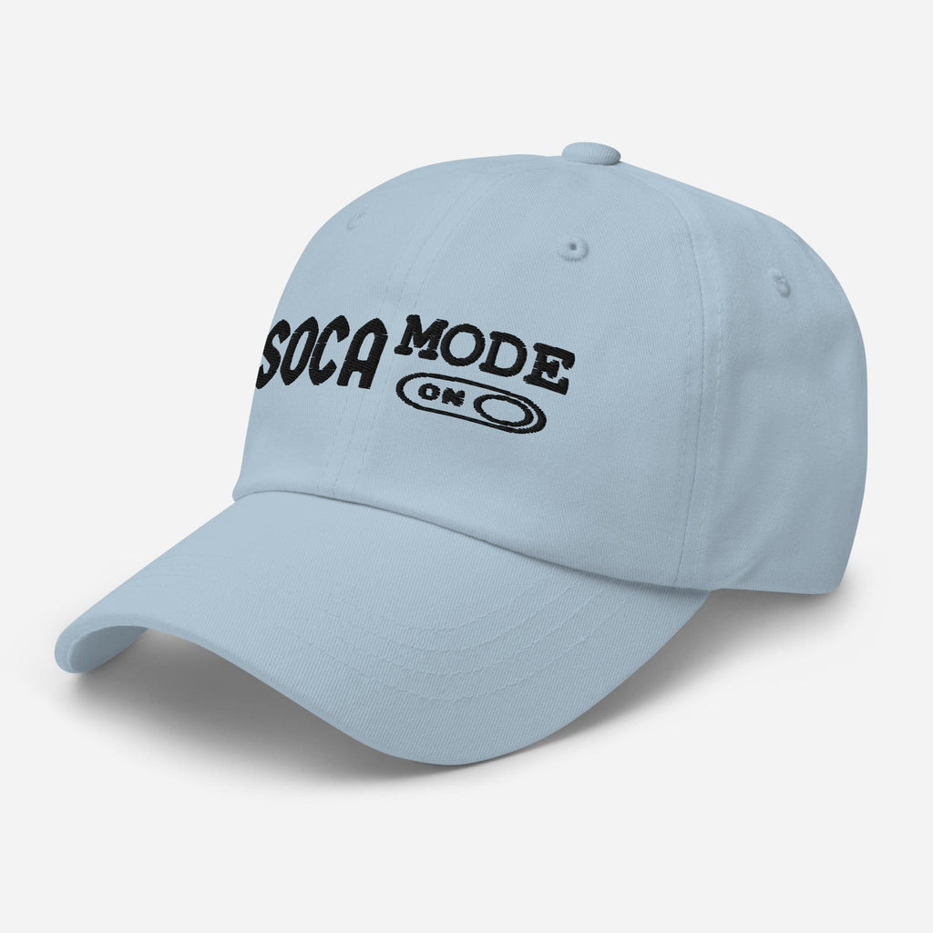 Light blue classic dad hat with Soca Mode Embroidery in black.