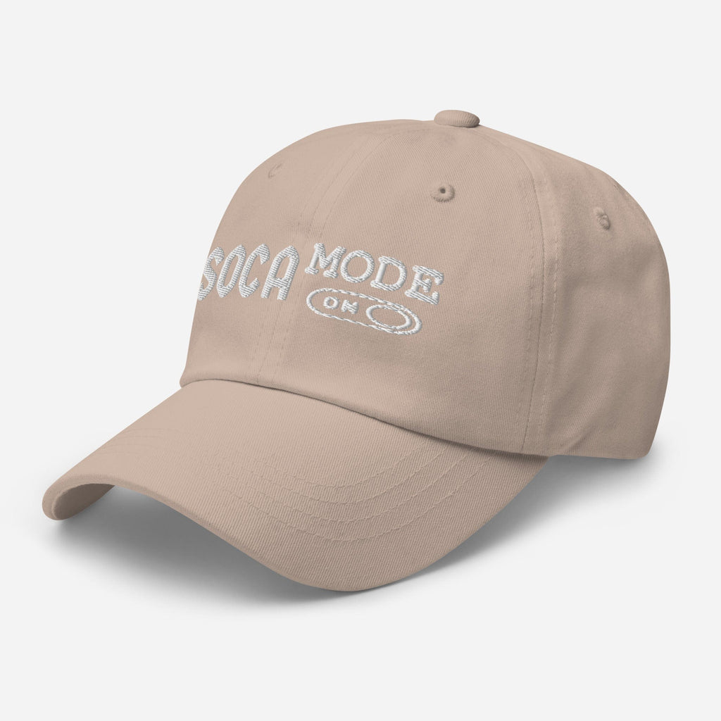Stone color classic dad hat with Soca Mode Embroidery in white.