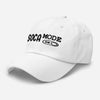 white color classic dad hat with Soca Mode Embroidery in black.