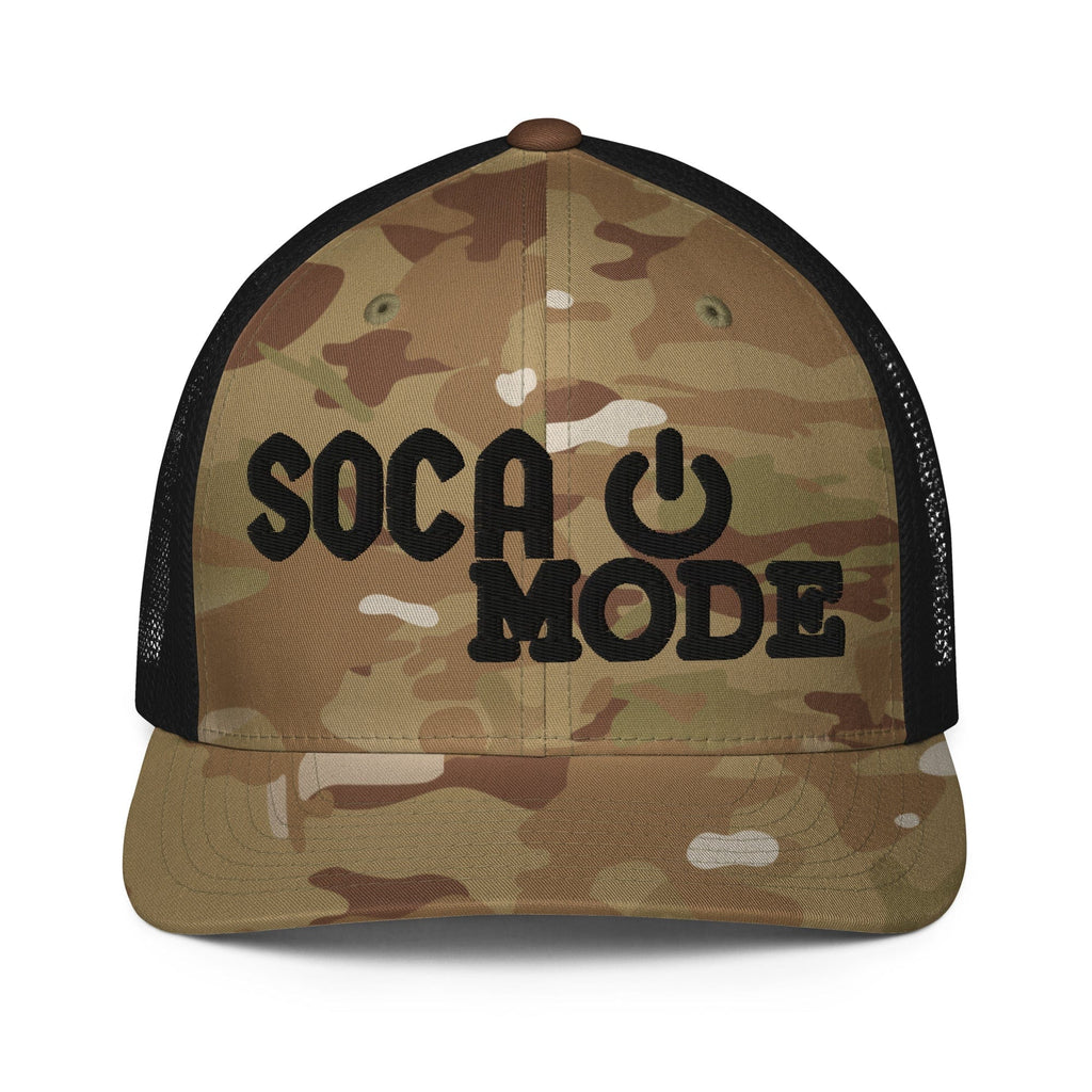  Soca Mode embroidered in black on green and black camo color trucker Hat.