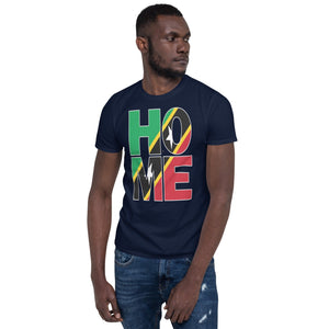 St-Kitts and Nevis flag spelling HOME on black men wearing navy color shirt