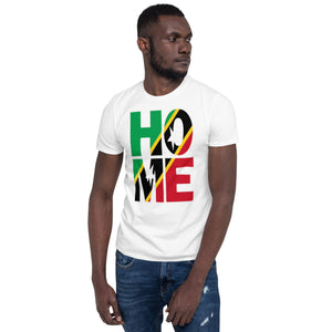St-Kitts and Nevis flag spelling HOME on black men wearing white color shirt