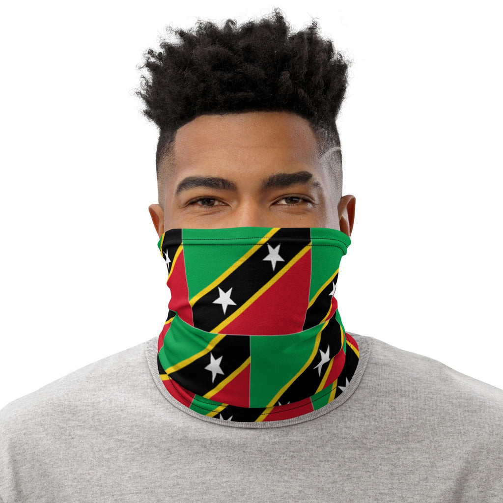 Black Man Wearing St Kitts and Nevis Flag Face Cover Headband, Bandana Wristband Combination