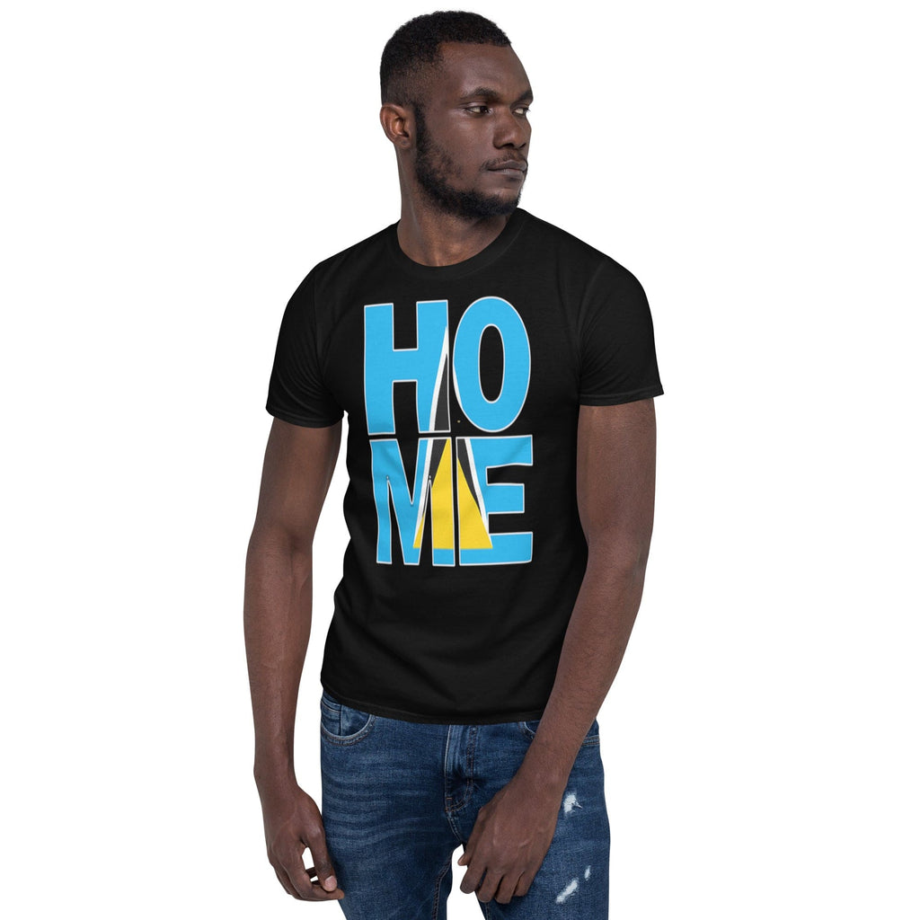 St. Lucia Flag design in the words HOME on a black shirt on the front of a black man.