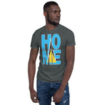 St. Lucia Flag design in the words HOME on a dark heather color shirt on the front of a black man.