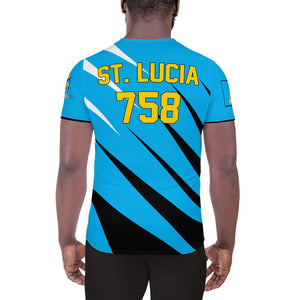 St. Lucia football shirt showing the back on a black man.