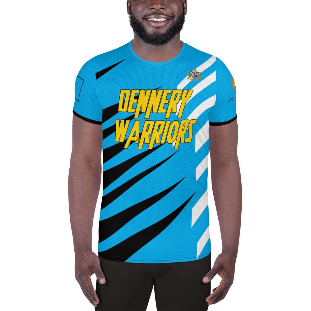 St. Lucia football shirt showing the front on a black man.