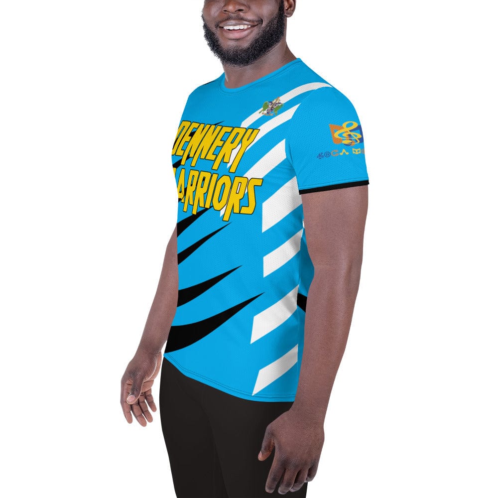 St. Lucia football shirt showing the left side on a black man.