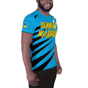 St. Lucia football shirt showing the right side on a black man.