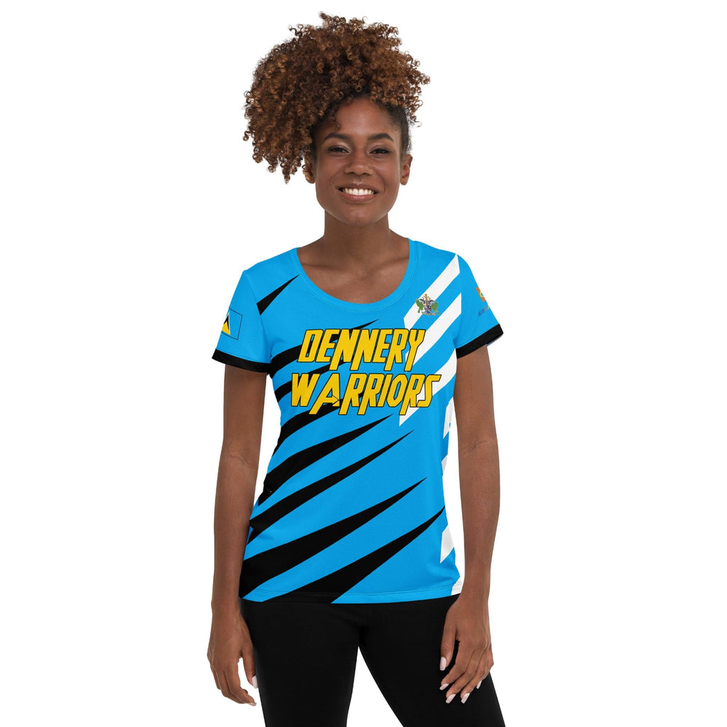 St Lucia football shirt showing front on black women.