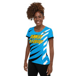 St Lucia football shirt showing left side on a black women.