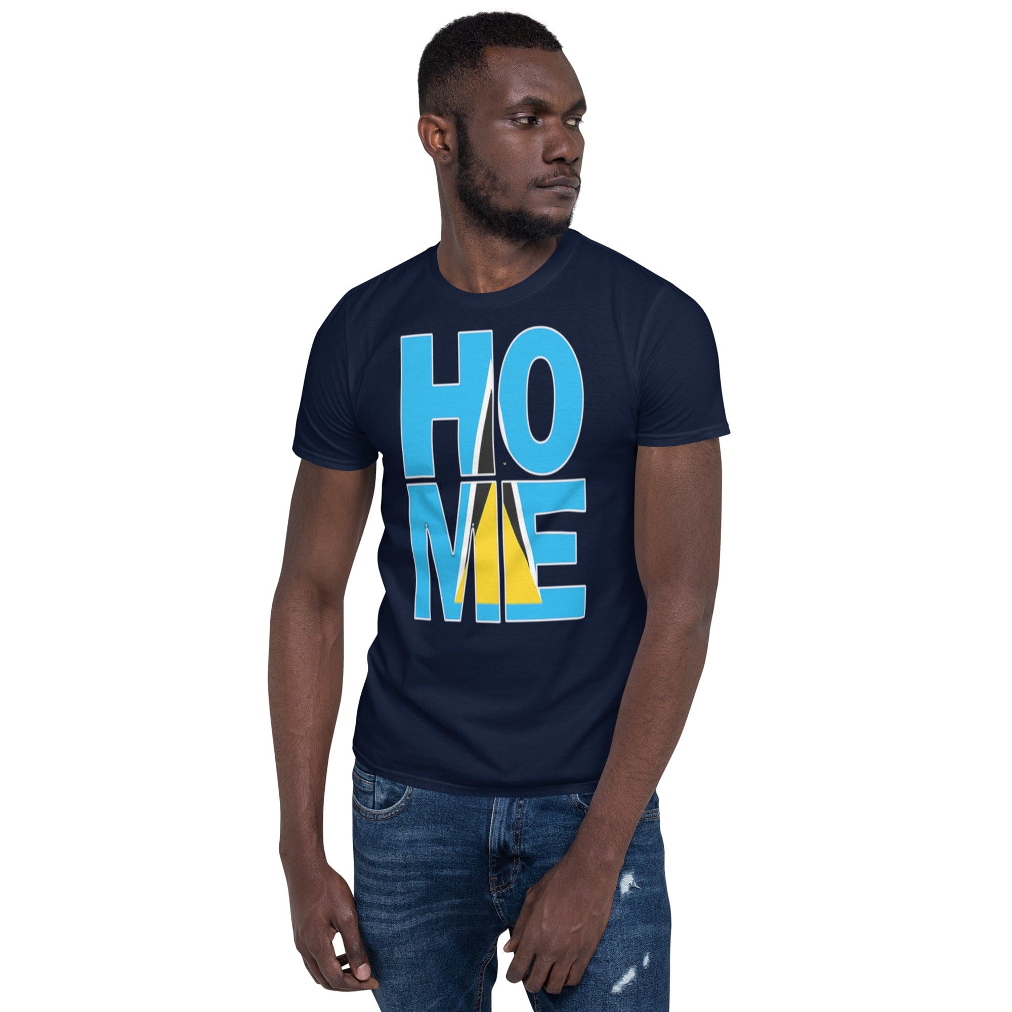 St. Lucia Flag design in the words HOME on a navy color shirt on the front of a black man.