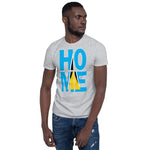 St. Lucia Flag design in the words HOME on a sport grey color shirt on the front of a black man.
