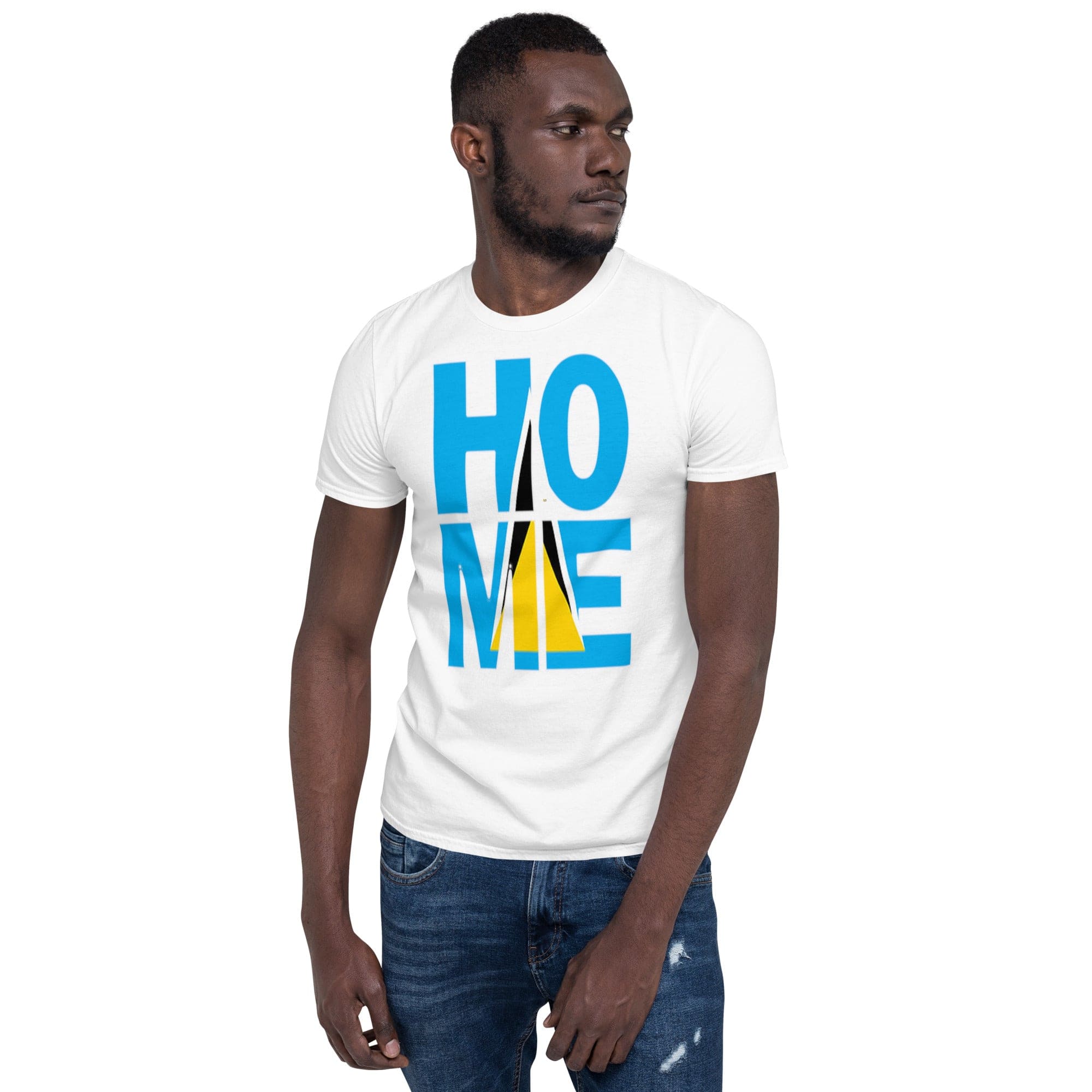 St. Lucia Flag design in the words HOME on a white color shirt on the front of a black man.