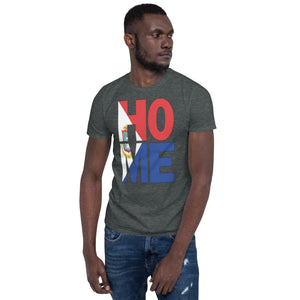 St. Maarten Flag design in the words HOME on a dark heather color shirt on the front of a black man.