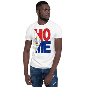 St. Maarten Flag design in the words HOME on a white color shirt on the front of a black man.