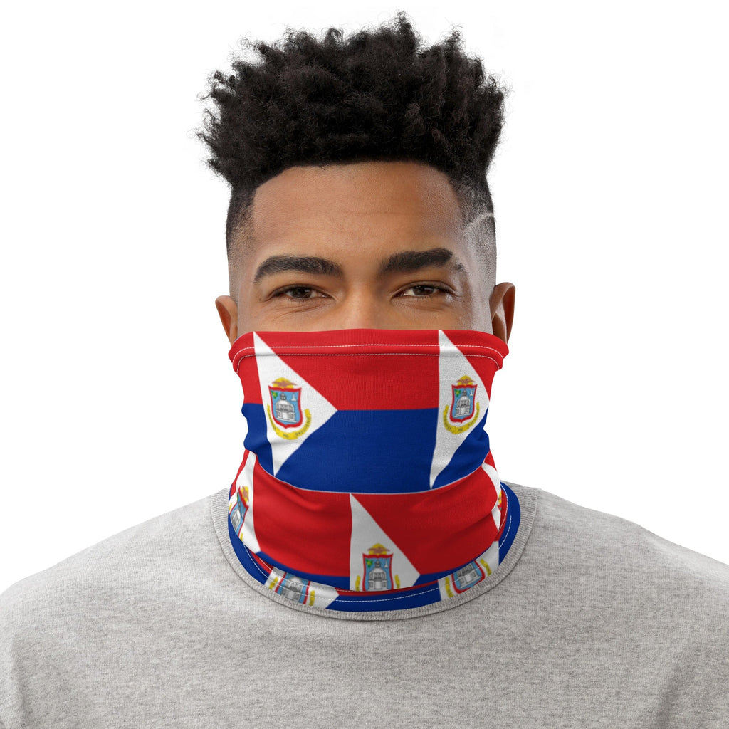 lack Man Wearing St Maarten / St Martin Face Mask Headband, Bandana Wristband Combination