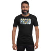 St. Thomas Flag designed to spell Proud on a black color t-shirt worn by a black man.