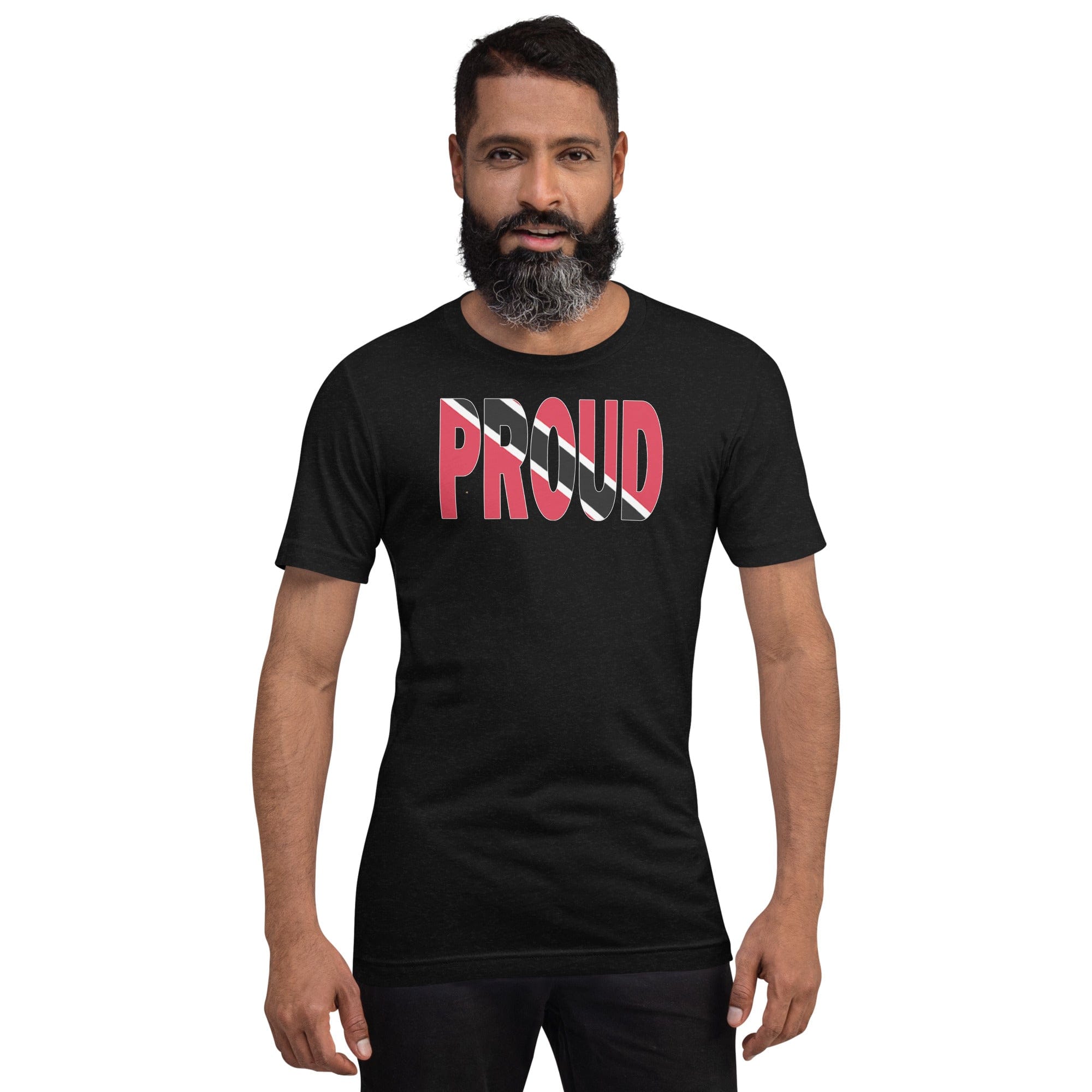  Trinidad Flag designed to spell Proud on a black color t-shirt worn by a black man.