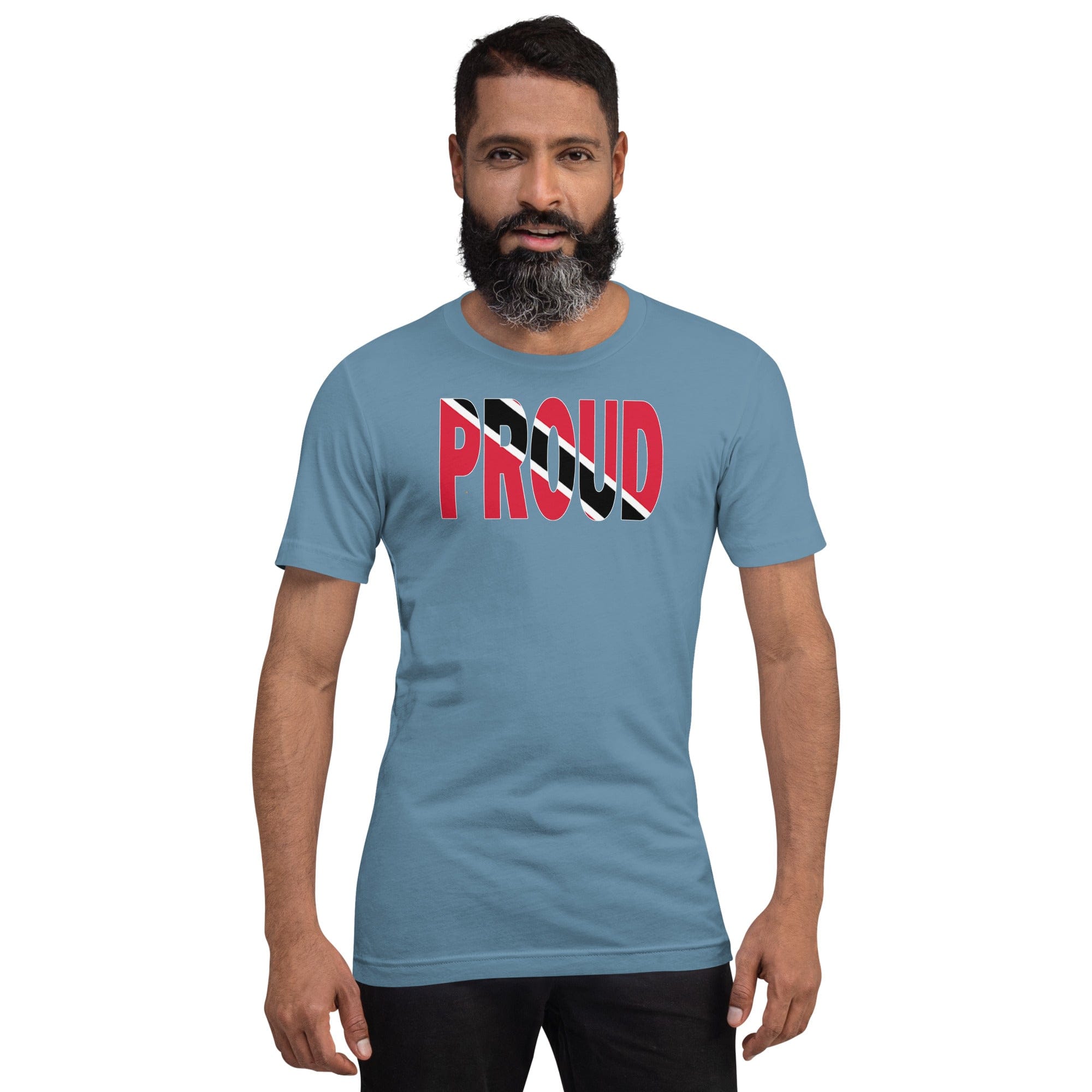 Trinidad Flag designed to spell Proud on a blue color t-shirt worn by a black man.