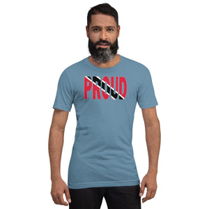 Trinidad Flag designed to spell Proud on a blue color t-shirt worn by a black man.