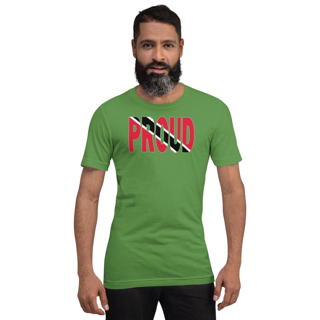 Trinidad Flag designed to spell Proud on a green color t-shirt worn by a black man.
