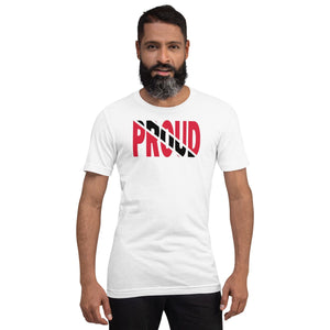 Trinidad Flag designed to spell Proud on a white color t-shirt worn by a black man.