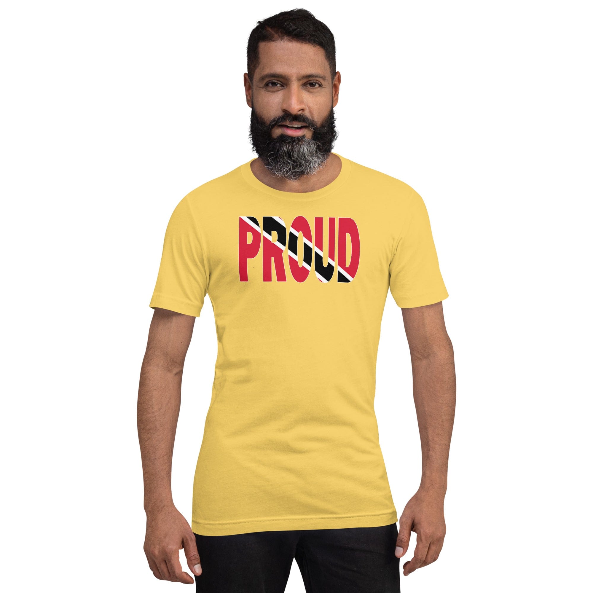 Trinidad Flag designed to spell Proud on a yellow color t-shirt worn by a black man.