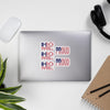 USA (American) Flag stickers designed on the back of a gray laptop spelling HOME and PROUD.