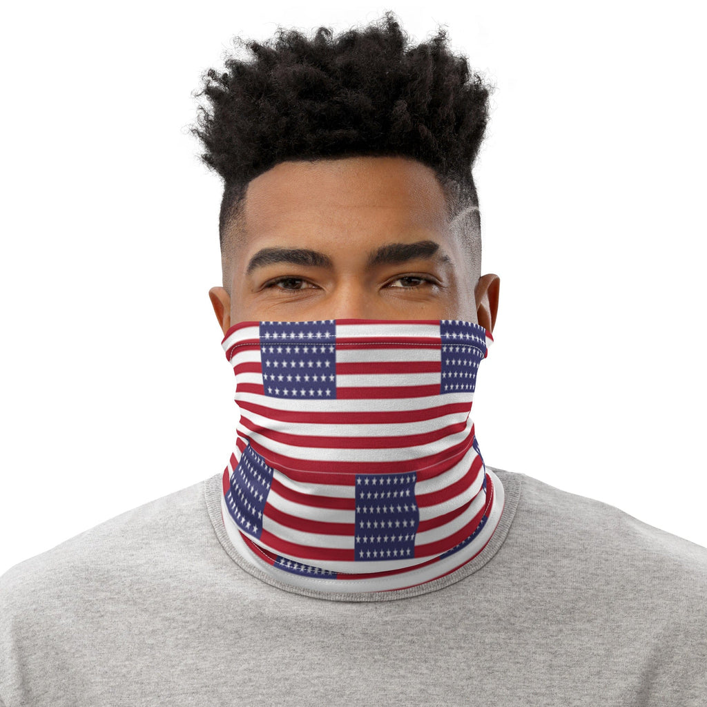 Black Man Wearing USA Face Cover Headband, Bandana Wristband Combination