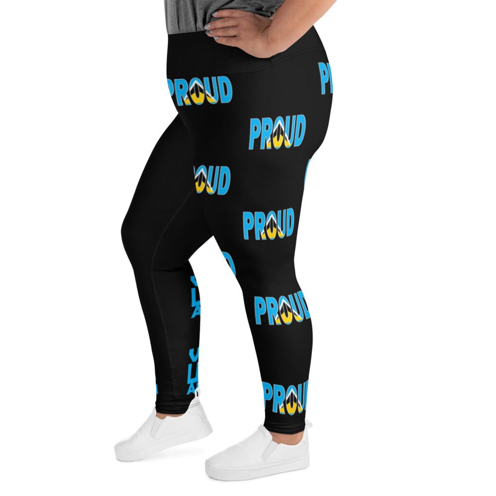 St. Lucia leggings with the flag printed all over it on plus size woman showing the left angle of it.
