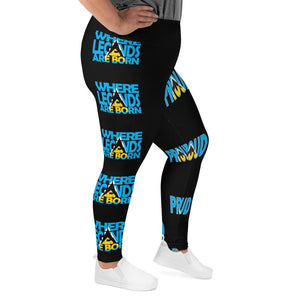 St. Lucia leggings with the flag printed all over it on plus size woman showing the right angle of it.