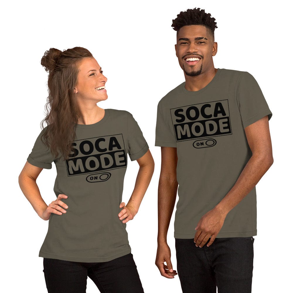 A black man and white woman wearing army color shirts that says Soca Mode in black print on the front.